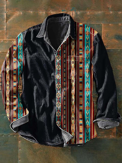 Men's Vintage Western Style Printed Casual Lapel Long Sleeve Shirt