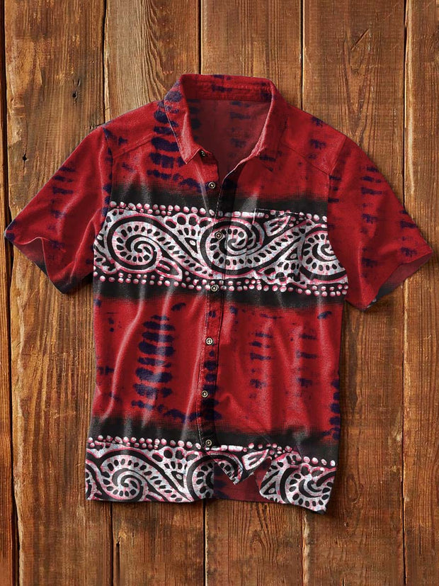 Men's Retro Cashew Flower Print Casual Lapel Short Sleeve Shirt