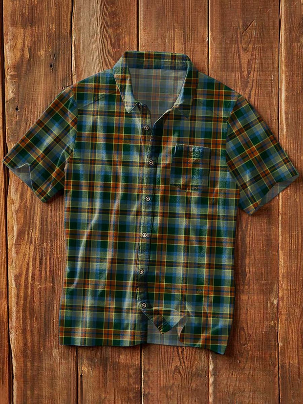 Men's Retro Plaid Printed Casual Lapel Short Sleeve Shirt