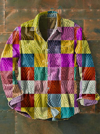 Men's Retro Dazzle Abstract Print Casual Lapel Long Sleeve Shirt