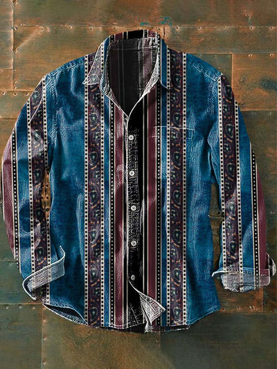 Men's Vintage Striped Western Style Printed Casual Lapel Long Sleeve Shirt