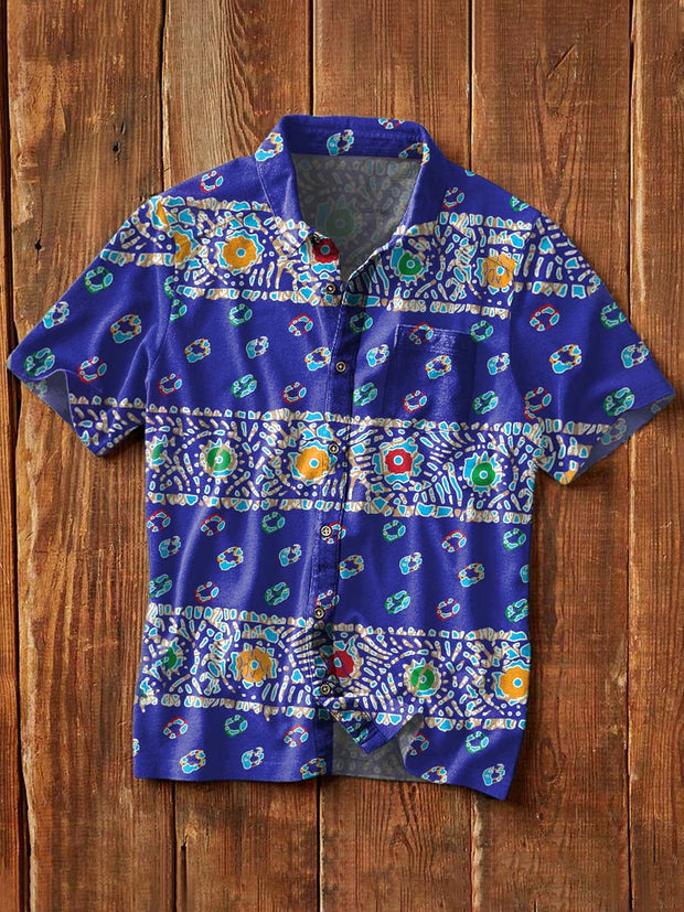 Men's Retro Cashew Flower Print Casual Lapel Short Sleeve Shirt