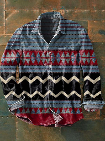 Men's Vintage Striped Western Style Printed Casual Lapel Long Sleeve Shirt