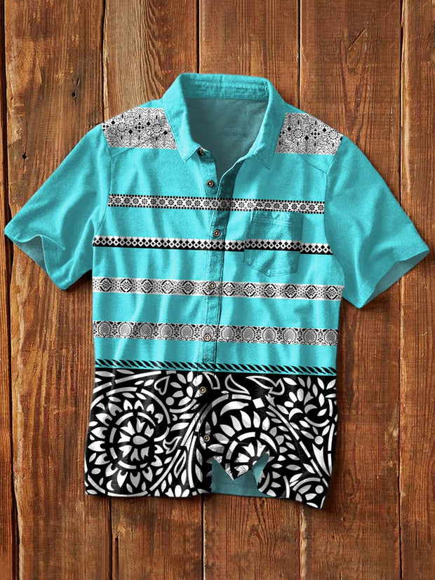 Men's Retro Cashew Flower Print Casual Lapel Short Sleeve Shirt