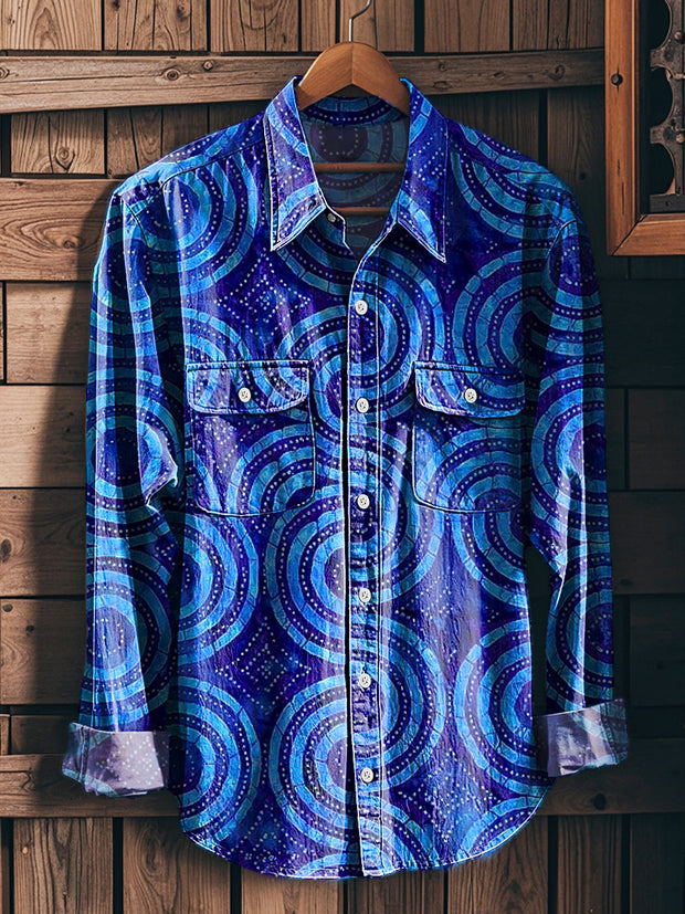 Men's Vintage Line Art Print Long Sleeve Workwear Pocket Shirt