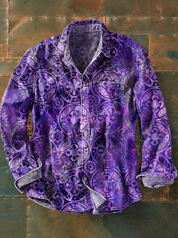 Men's Vintage Aged Floral Art Print Long Sleeve Pocket Shirt