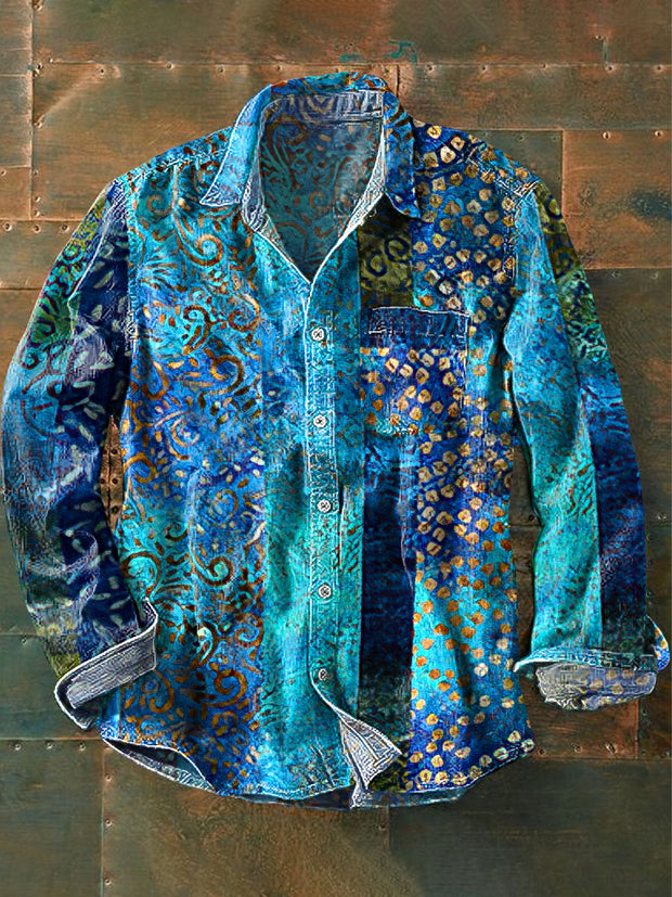 Men's Vintage Irregular Floral Stripe Art Print Long Sleeve Pocket Shirt