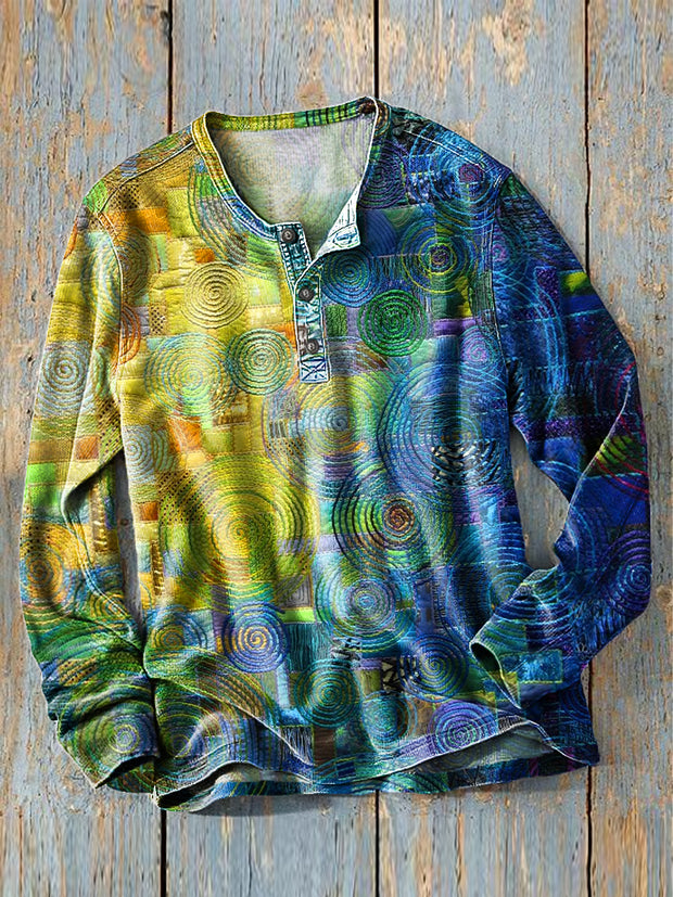 Men's Vintage Abstract Gradient Line Art Print Long Sleeve Henley Shirt