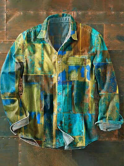 Men's Vintage Aged Geometric Art Print Long Sleeve Pocket Shirt