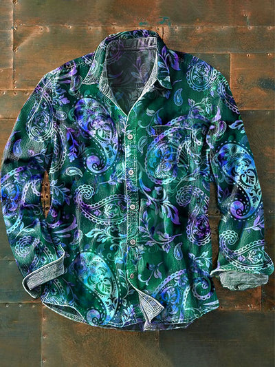 Men's Vintage Multicolor Paisley Art Print Long Sleeve Pocket Shirt