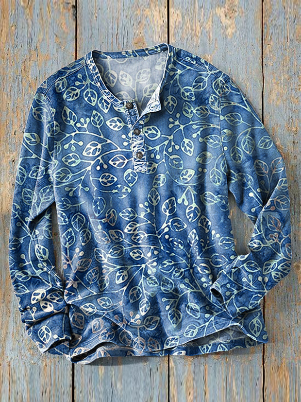 Men's Vintage Abstract Leaf Art Print Long Sleeve Henley Shirt