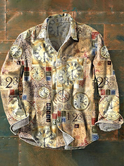 Men's Vintage Clock Newspaper Art Print Long Sleeve Pocket Shirt