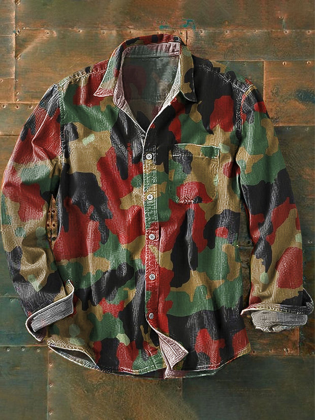 Men's Vintage Nostalgic Camouflage Art Print Long Sleeve Pocket Shirt