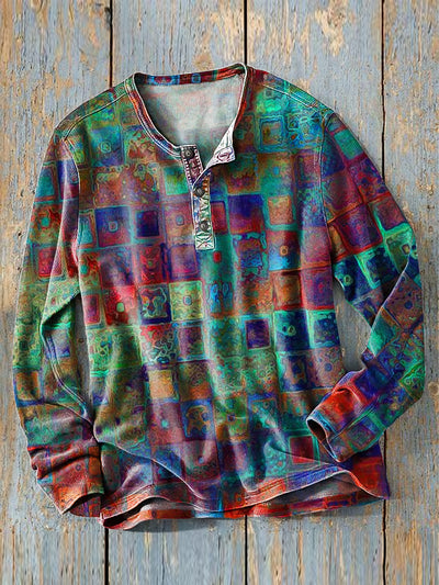 Men's Vintage Abstract Plaid Art Print Long Sleeve Henley Shirt