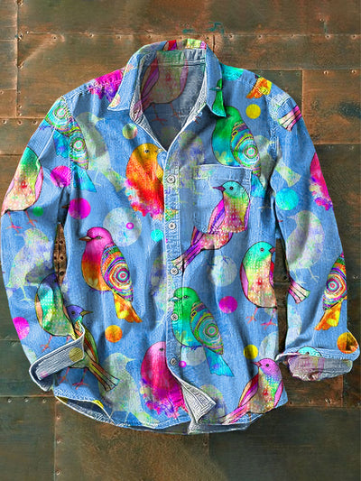 Men's Vintage Colorful Birds Painting Art Print Long Sleeve Pocket Shirt