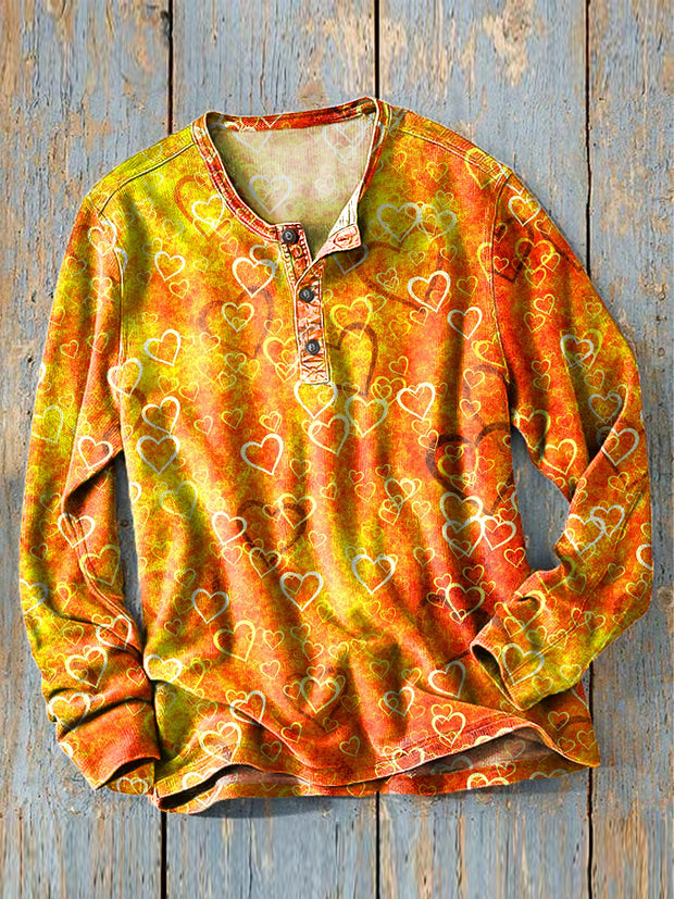 Men's Vintage Gradient Heart Art Print Long Sleeve Henley Shirt