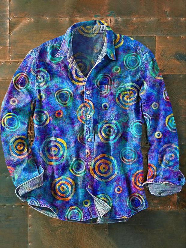 Men's Vintage Colorful Circle Art Print Long Sleeve Pocket Shirt