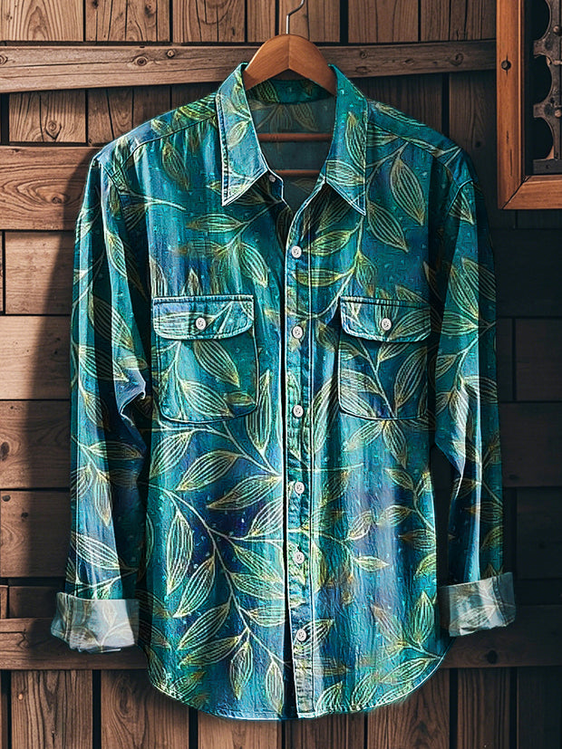 Men's Vintage Abstract Leaf Art Print Long Sleeve Workwear Pocket Shirt