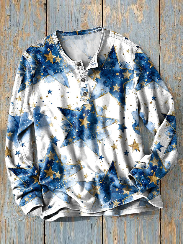 Men's Vintage Star Art Print Long Sleeve Henley Shirt