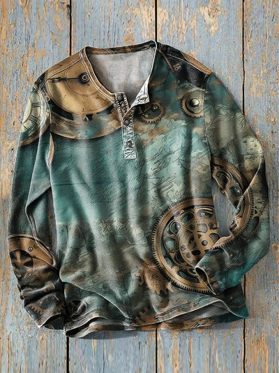 Men's Vintage Steampunk Art Print Long Sleeve Henley Shirt