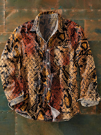 Men's Vintage Gradient Animal Art Print Long Sleeve Pocket Shirt