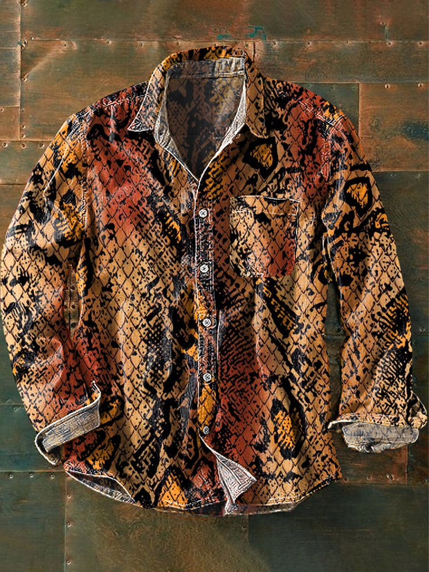 Men's Vintage Gradient Animal Art Print Long Sleeve Pocket Shirt