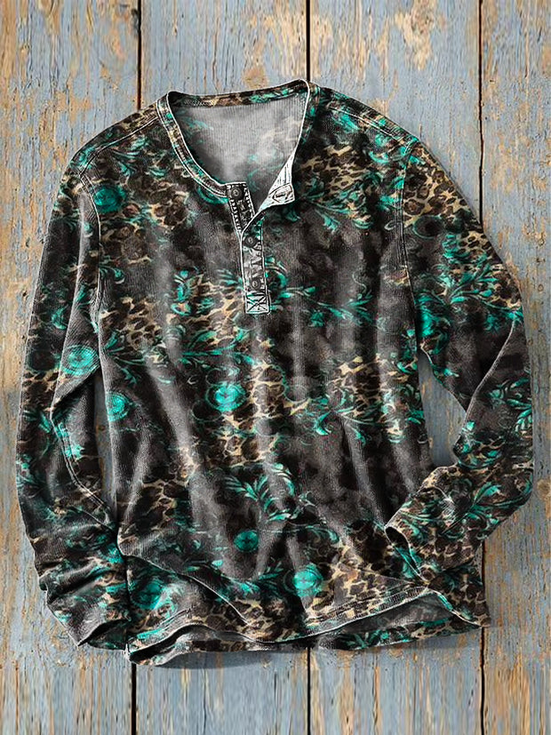 Men's Vintage Abstract Beast Art Print Long Sleeve Henley Shirt