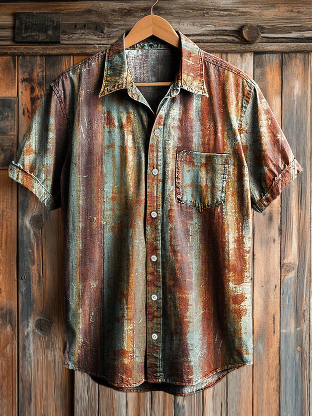 Men's Vintage Aged Stripe Art Print Lapel Short Sleeve Pocket Shirt