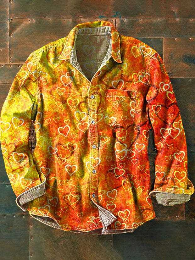 Men's Vintage Heart Swoosh Art Print Long Sleeve Pocket Shirt