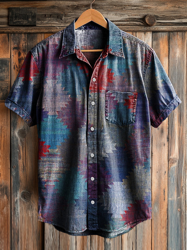 Men's Vintage Color Block Art Print Lapel Short Sleeve Pocket Shirt