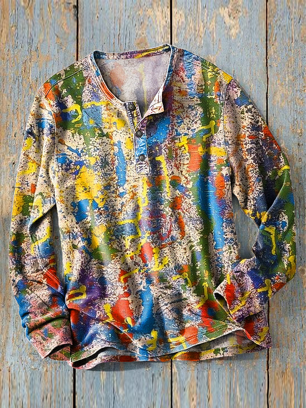 Men's Vintage Abstract Colorful Art Print Long Sleeve Henley Shirt