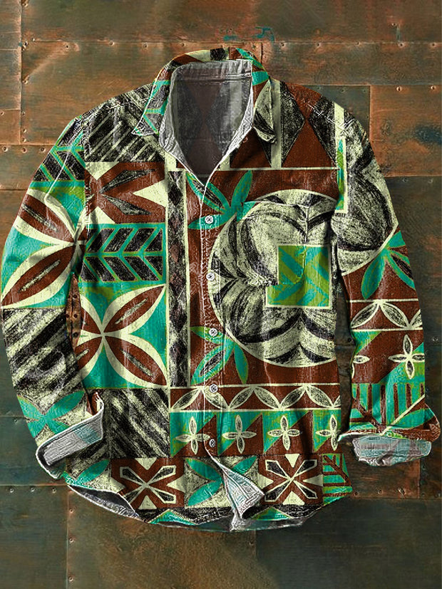 Men's Vintage Irregular Geometric Art Print Long Sleeve Pocket Shirt
