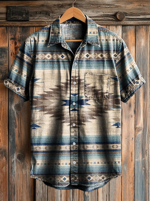 Men's Vintage Ethnic Geometric Art Print Lapel Short Sleeve Pocket Shirt