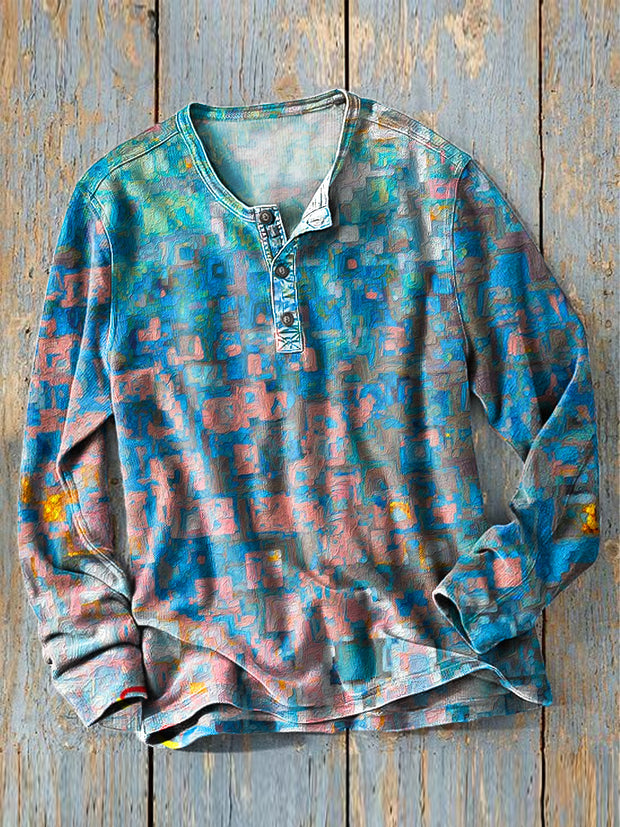 Men's Vintage Abstract Geometric Oil Painting Art Print Long Sleeve Henley Shirt