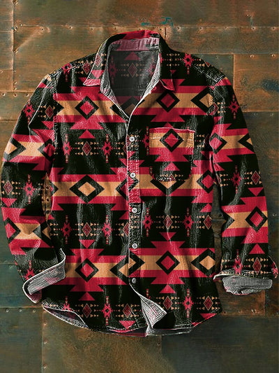 Men's Vintage Western Geometric Art Print Long Sleeve Pocket Shirt