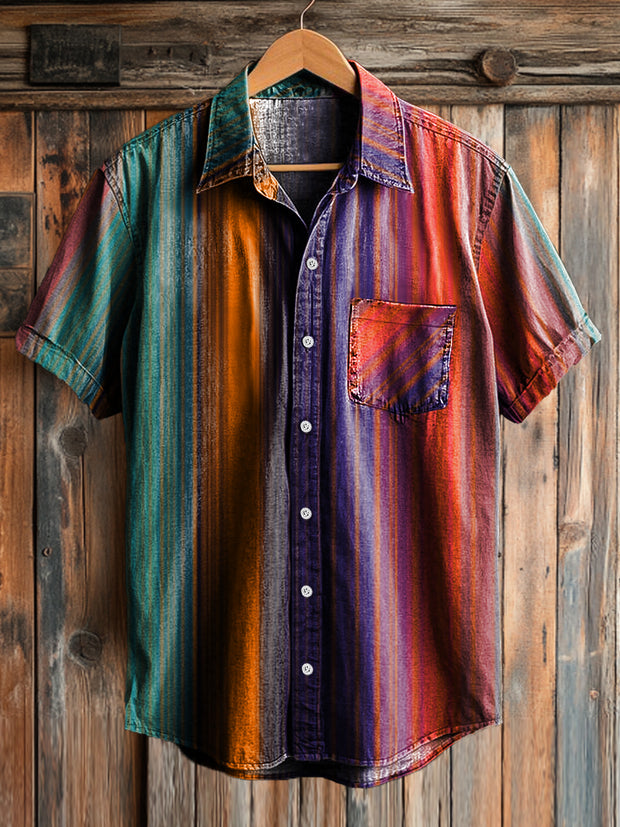 Men's Vintage Gradient Stripe Art Print Lapel Short Sleeve Pocket Shirt