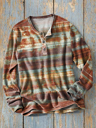 Men's Vintage Aged Stripe Art Print Long Sleeve Henley Shirt