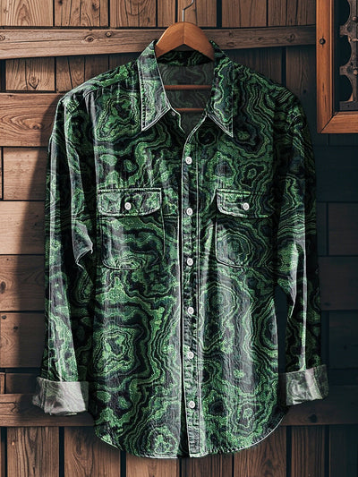 Men's Vintage Abstract Textured Art Print Long Sleeve Workwear Pocket Shirt