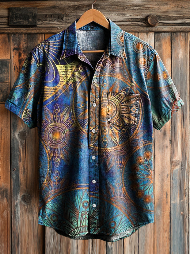 Men's Vintage Irregular Mandala Art Print Lapel Short Sleeve Pocket Shirt