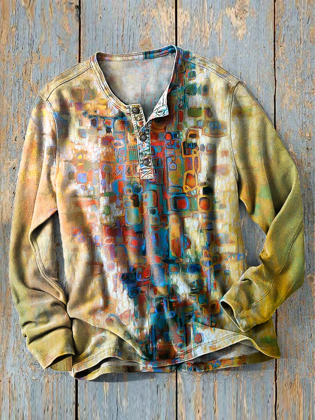 Men's Vintage Gradient Geometric Art Print Long Sleeve Henley Shirt