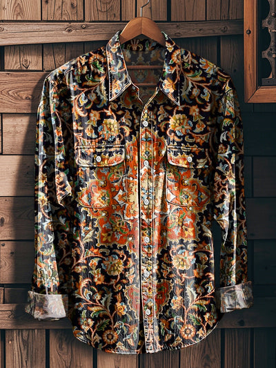 Men's Vintage Ethnic Totem Art Print Long Sleeve Workwear Pocket Shirt