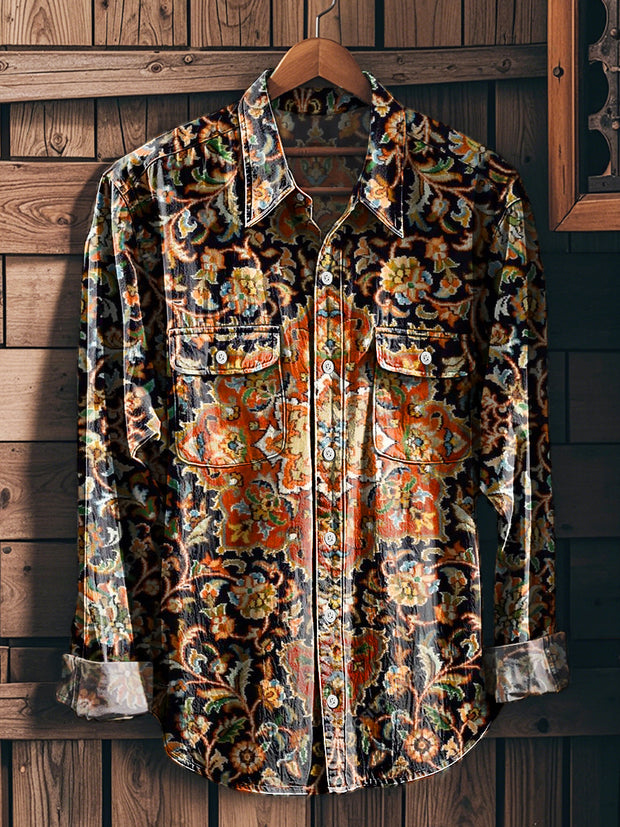 Men's Vintage Ethnic Totem Art Print Long Sleeve Workwear Pocket Shirt