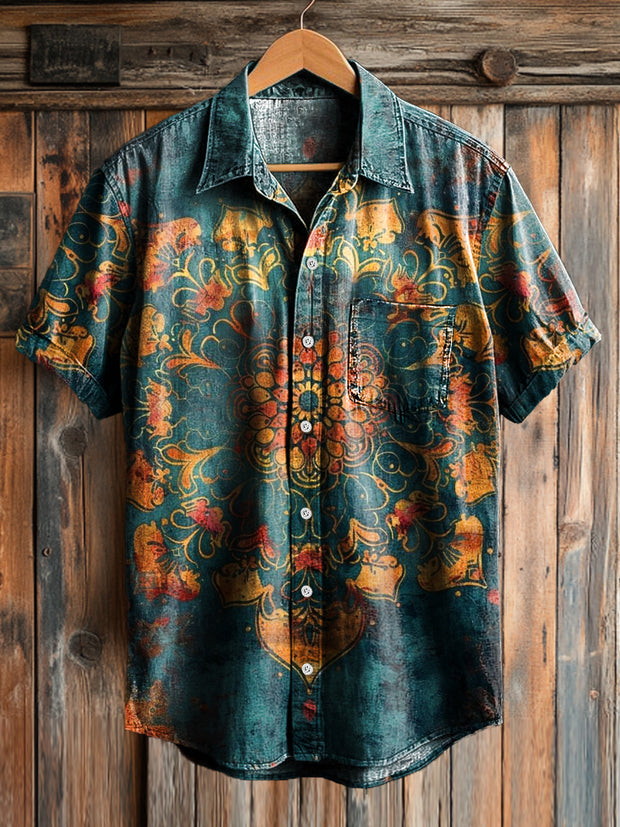 Men's Vintage Mandala Art Print Lapel Short Sleeve Pocket Shirt