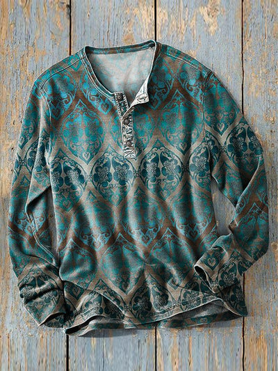 Men's Vintage Gradient Line Floral Art Print Long Sleeve Henley Shirt