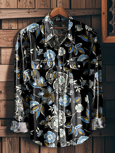 Men's Vintage Floral Art Print Long Sleeve Workwear Pocket Shirt