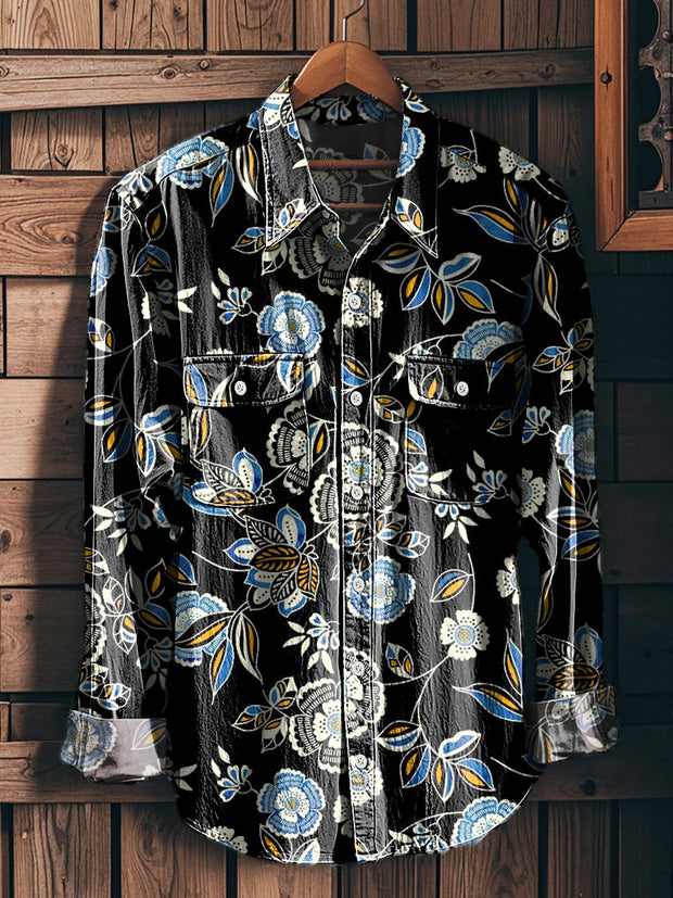 Men's Vintage Floral Art Print Long Sleeve Workwear Pocket Shirt