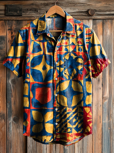 Men's Retro Colorful Geometric Graffiti Printed Lapel Short Sleeve Pocket Shirt