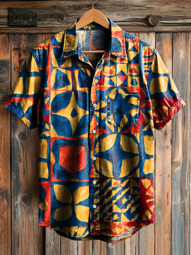 Men's Retro Colorful Geometric Graffiti Printed Lapel Short Sleeve Pocket Shirt