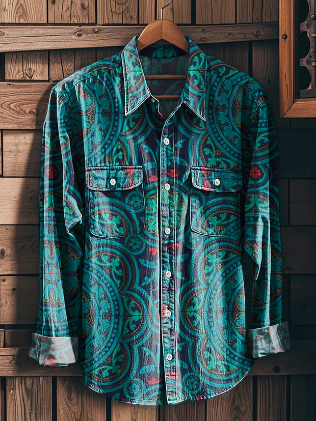Men's Vintage Floral Totem Art Print Long Sleeve Workwear Pocket Shirt