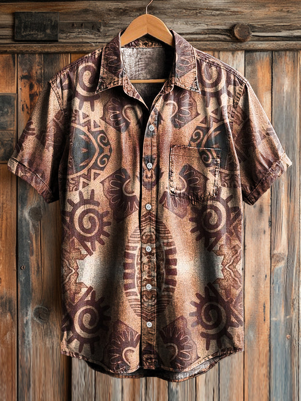 Men's Vintage Western Printed Lapel Short Sleeve Pocket Shirt